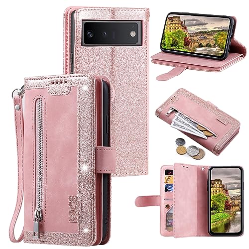 Coque Google Pixel 6 Pro portefeuille or rose rabat magnétique et 9 cartes