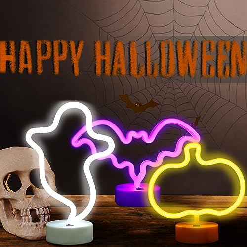 Image of Vihose 3 Pcs Neon Halloween Signs Decorations LED Spooky Ghost Pumpkin Bat