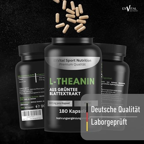 EXVital® L-Theanin, 180 vegane Kapseln, 400 mg L-Theanin pro Kapsel, aus Grüntee Blattextrakt, L-Theanine Aminosäure, vegan & ohne Zusätze, laborgeprüft