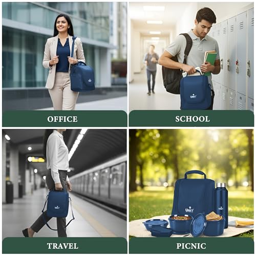 Image of Unify MealMate Lunch Box with 3 Microwave Safe Inner Steel Containers (500ml, 350ml, 200ml), 130ml Plastic Chutney Dabba, Water Bottle 750ml & Spoon | Office Tiffin with Insulated Bag, Blue