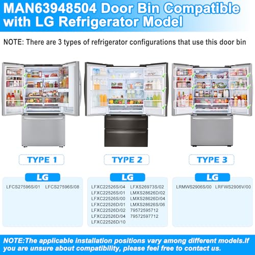Image of 2PACK UPGRADED MAN63948504 Refrigerator Door Shelf Bin Compatible with LG Fridge Door Shelf Replacement Parts LMXS28626S LFXS26973S LFXC22526D MAN63948504 Kenmore LG Fridge Door Bin Shelves Basket