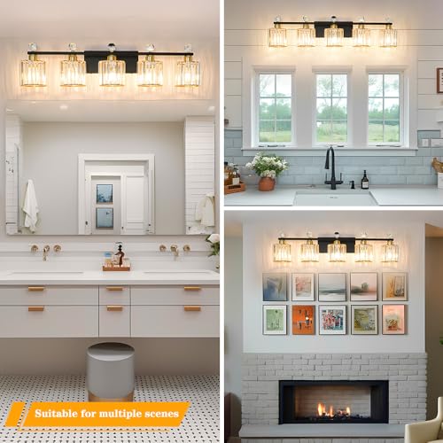 Image of 5 Light Black and Gold Vanity Light, Modern Crystal Bathroom Vanity Lighting Fixtures, Bath Wall Mount Lights with Clear Crystal Glass Shade, Wall Sconce Light for Mirror Bedroom Living Room, E26 Base