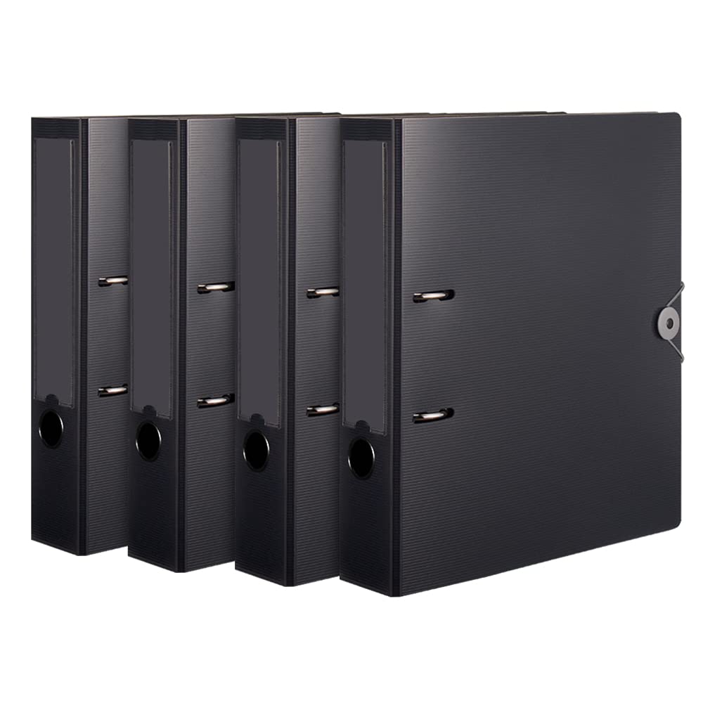 Comix Plastic Lever Arch Files 4 Pack Black Holds A4 560 Sheets Capacity, 75mm Spine, with Inner Pocket for Loose Papers, Elastic Closure, LAF01