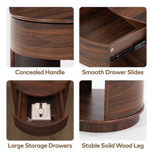 Image of Chogori Solid Wood End Table Set of 2 with Drawer & Storage Shelf - Walnut Round Accent Nightstand, Farmhouse Side Table for Small Spaces, Living Room, Easy Assembly