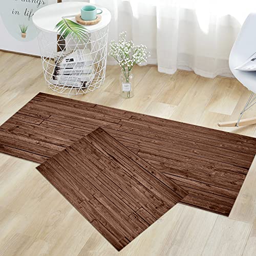 GUBIYU Set of 2 Kitchen Rugs and Mats Anti Brown Bathroom Rug Rustic Area Rug Wooden Texture Kitchen Rug Absorbent Bath Mat Accent Rug Runner for Living Room Bedroom Dining Room 17.7X29.5+17.7X59 Inch