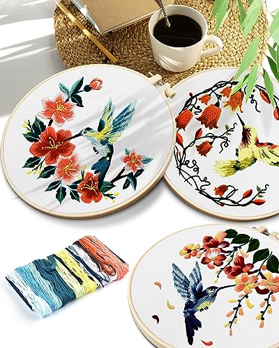 Image of TINDTOP Embroidery Kit for Adult, Hummingbird Butterfly Mushroom Flower Kit | 9 Sets for Beginners Include Embroidery Cloth Hoop Threads with Embroidery Skill Techniques