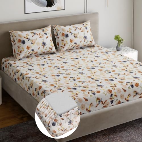 Image of Dreamscape Microfibre Wrinkle & Fade Resistant King Fitted Bedsheet with 2 Pillow Covers - (Size 72 x 78 inches, TC, Colour - Cream)