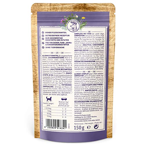 Wildes Land - Nassfutter Pouches - Nr. 7 Wild - 8 x 150 g - mit Kürbis, Preiselbeeren, Wildkräutern & Distelöl - Glutenfrei - Extra viel Fleisch - Beste Akzeptanz und Verträglichkeit