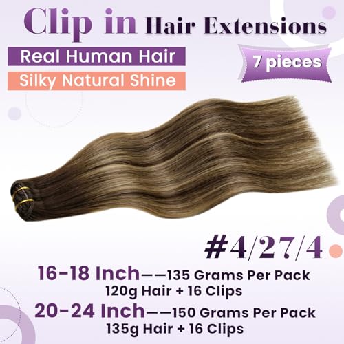 Image of LaaVoo Clip in Hair Extensions Real Human Hair Brown Balayage Human Hair Clip in Extensions Brown Ombre Human Hair Extensions Clip ins Full Head 22 Inch 7pcs /150g