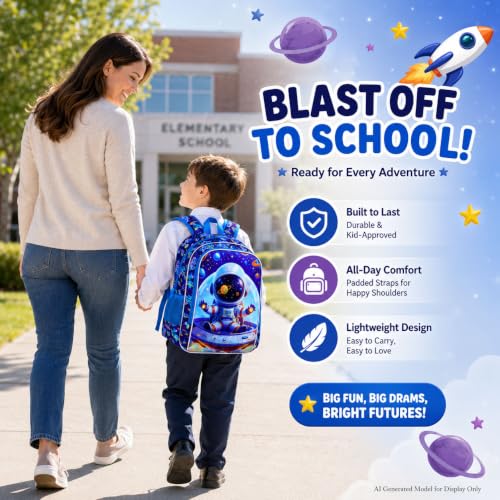 Image of 3Pcs Space Backpack for Boys, School Astronaut Bookbag with Lunch Box, 16 inch Kids Backpacks for Elementary Preschool Kindergarten (Blue)
