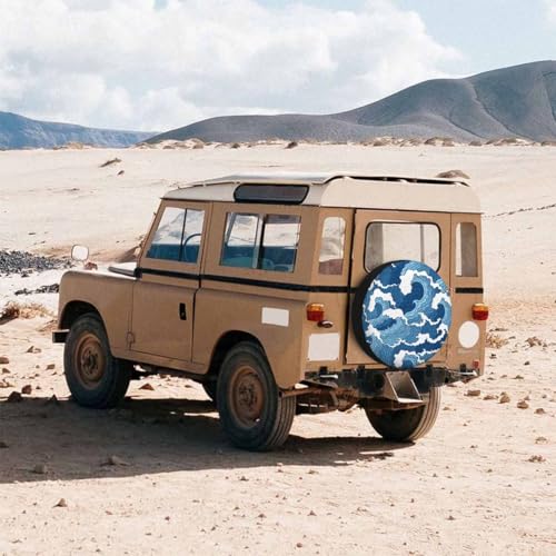 Image of Blue and White Wave Spare Tire Cover 15 inch Wheel Japanese Abstract Protectors Weatherproof Universal for Trailer Tire Cover Rv SUV Truck Camper Travel Trailer