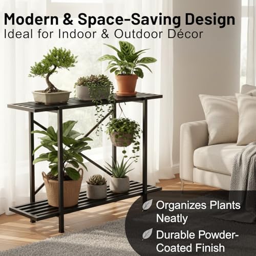 Image of Mighty Home 2-Tier Metal Plant Stand, Functional Balcony & Indoor Flower Pot Holder, Sturdy, Space-Saving Design, Rust-Resistant, Easy Assembly, Efficient Storage and Display