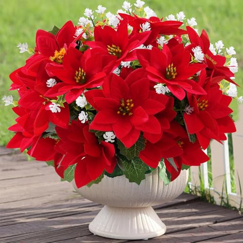MELAJIA Christmas Artificial Flowers for Outdoors 12PC Poinsettia Flowers