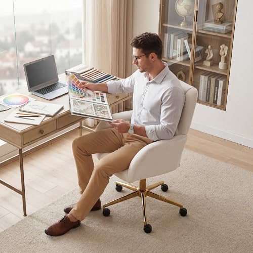 Image of FOXHUNTER Vanity Chair with Ergonomic Back & Wheels, 360 Swivel Accent Chair, Adjustable Height Home Office Chair for Living Room, Bedroom (Velvet, Ivory)