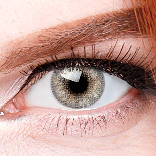 Graue Premium Kontaktlinsen Jasmine Grau - Natürliche Stark Deckende Silikon Comfort Linsen für Helle und Dunkle Augen + Behälter - 1 Paar (2 Stück) - DIA 14.00 - Ohne Stärke 0.00 Dioptrien