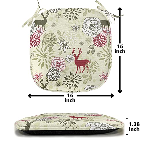 Ambesonne Winter Chair Seating Cushion Set Of 4, Deer Silhouettes With Blossoming Flowers Abstract Christmas Nature, Seat Pads For Office With Anti-Slip Backing, 16"X16", Olive Green Pale Green #TOP6