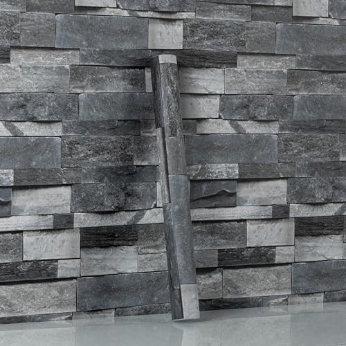Hode Papier Peint Adhesif Effet Brique Gris 44X1000cm, Pierre Feuilles Autocollant Amovible Décoratif, PVC Vinyle Film Imperméable pour Mur de Salon Cuisine...