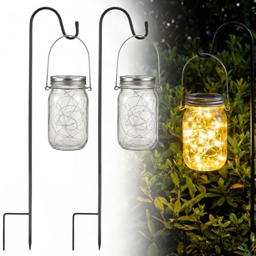 Ropoloogy 2 Set Hanging Mason Jars Solar Lights 32'' Shepherd Hooks Wedding Aisle Decorations Wedding Lanterns for Aisle Outdoor Waterproof LED Fairy Lights Hanging Lanterns for Lawn Patio Yard Garden