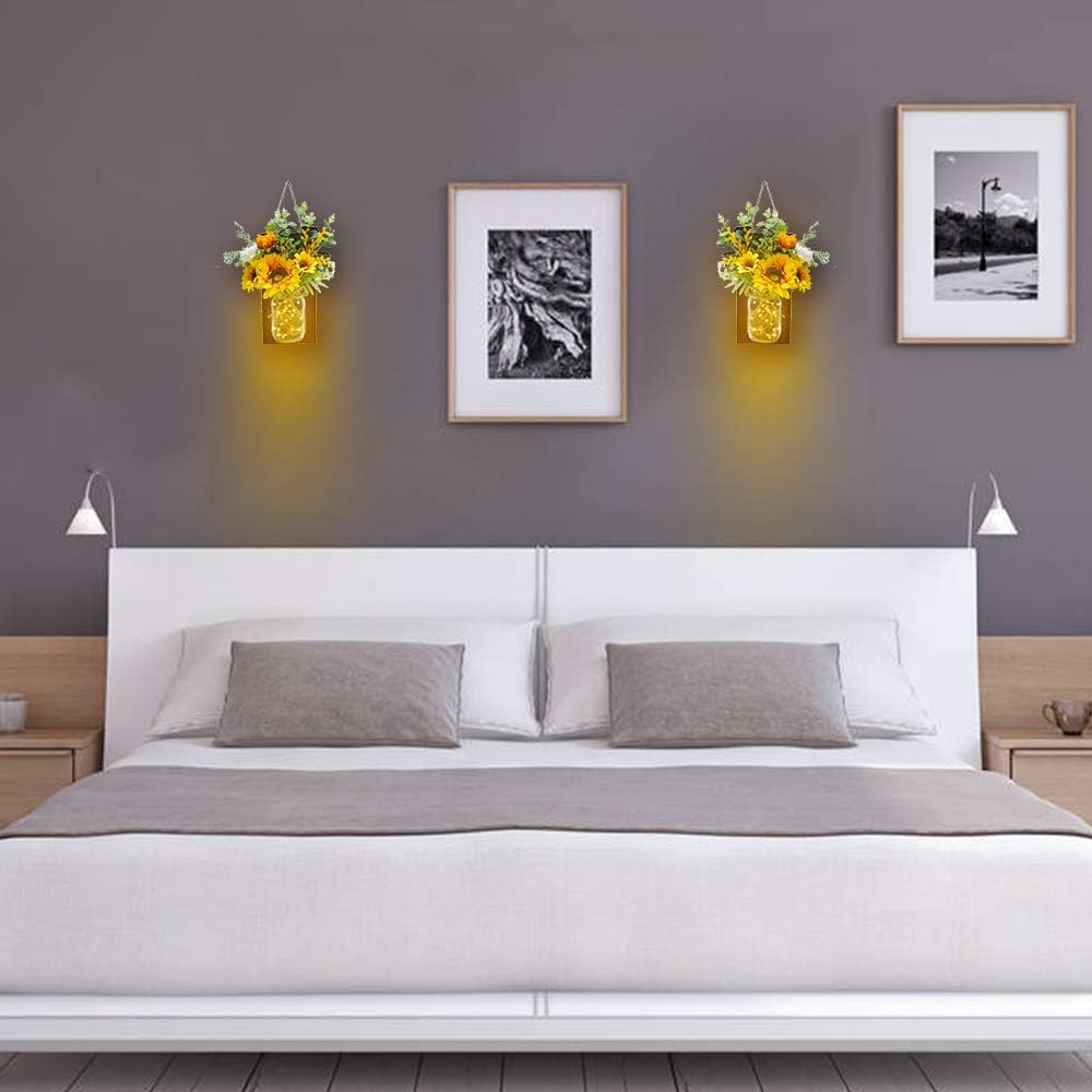 ETERNAL ANGEL Mason Jar Sconces Decorative Rustic Sunflower Wall Decor with LED Fairy Lights Remote Control Home Decoration for Farmhouse Living Room Bathroom Kitchen, Set of 2