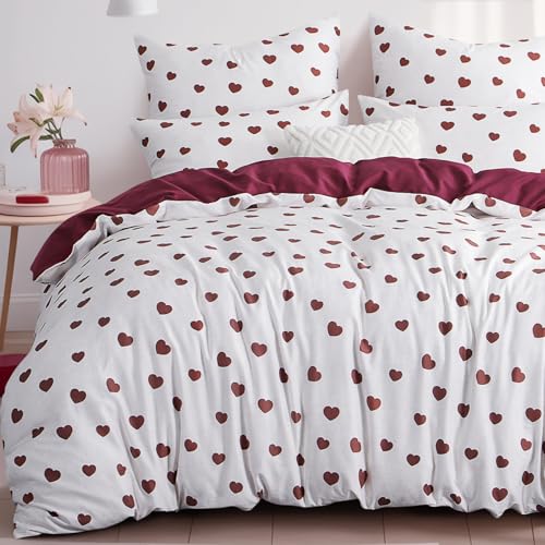 RUIKASI Bettwäsche 135x200 Baumwolle 2teilig Rot - Baumwollbettwäsche 135 x 200 2tlg mit Herzen Muster, Bettbezug Set 2 teilig Cotton mit Reißverschluss