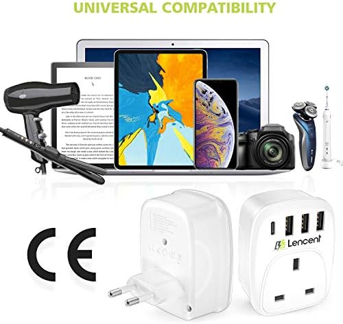 Lencent UK to EU Euro Europe Plug Adapter,European Travel Adapter with 3 USB Ports&1 USB C Port for Italy Switzerland Germany Spain France Portugal Greece Russia Netherlands&more (Type C)