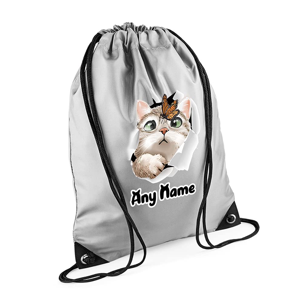 Personalised Butterfly on Cat face Hidden Cat Funny Kitten Cat Birthday Gift Drawstring Bag, PE Gym Kit, Swimming Rucksack. (Silver)