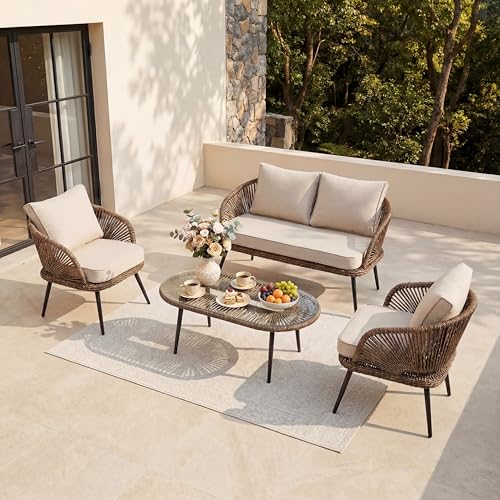 Tribesigns 4-Piece Outdoor Patio Furniture Set with Removable Waterproof Cushions, All-Weather Rattan Wicker Conversation Furniture Set with Glass Coffee Table for Garden, Pool, Porch, Balcony (Brown) - Image 2