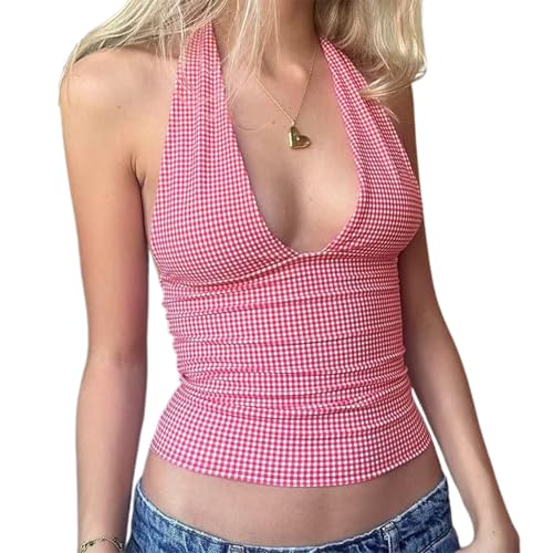 Koitniecer Women Retro Halter Neck Top Gingham Heart Print Tank Top Y2K Summer Backless Sleeveless Going Out Crop Top (Red Pink, S)