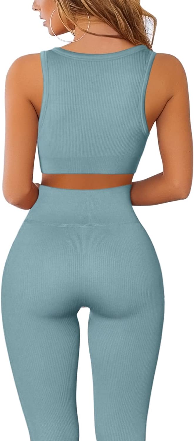 QINSEN Workout Outfits for Women 2 Piece Ribbed Seamless Crop Tank High Waist Yoga Leggings Sets - Image 2