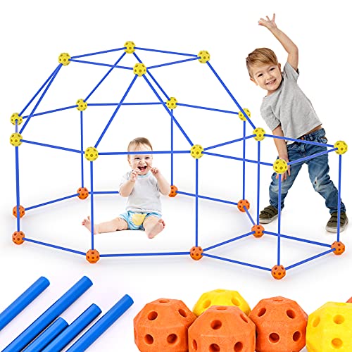 Eaietc Fort Building Kit 69 Pieces Kids Fort Toys Ages 5+ DIY Building Castles Tunnels Play Tent Rocket Indoor & Outdoor Creative Toys with 44 Rods and 25 Spheres