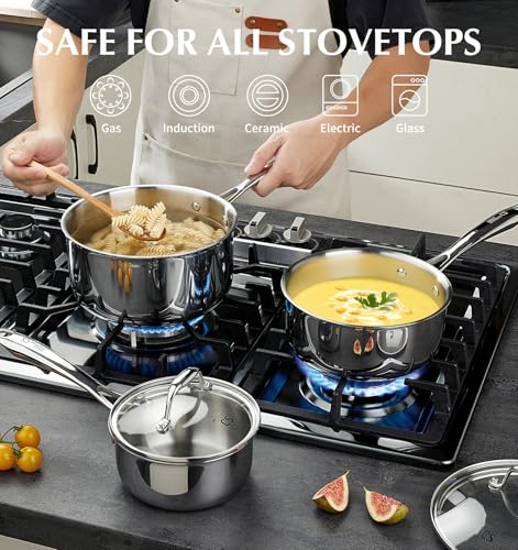 Image of KOCH SYSTEME CS Triply Stainless Steel Saucepan Set, 1QT & 2QT & 3QT Stainless Steel Pot Set with lid, Diswasher & Oven Safe, Induction Compatible Pot, 6PCS