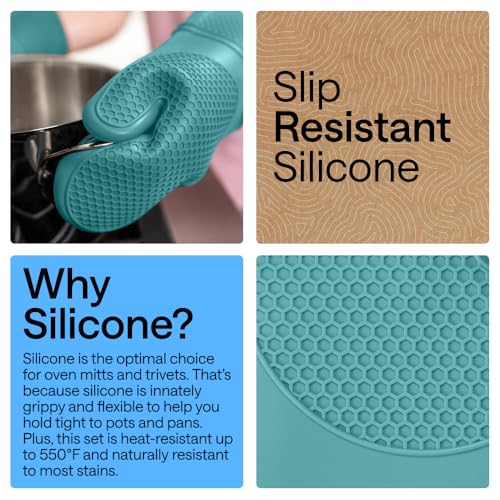 Image of GORILLA GRIP BPA-Free Soft Silicone Oven Mitts and Pot Holders Sets, Heat Resistant Waterproof Cooking Gloves, Thick Cotton Lining, Flexible Gripping for Baking Grilling, Kitchen Trivets, Turquoise