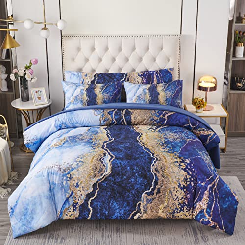 Perfemet 6 Pcs Bed-In-A-Bag Blue Watercolor Marble Printed Queen Size Comforter Set With Matched Bed Sheets, Colorful Retro Artwork Style Bed Collections,Soft And Lightweight Quilt Set(Blue,Queen) #TOP1