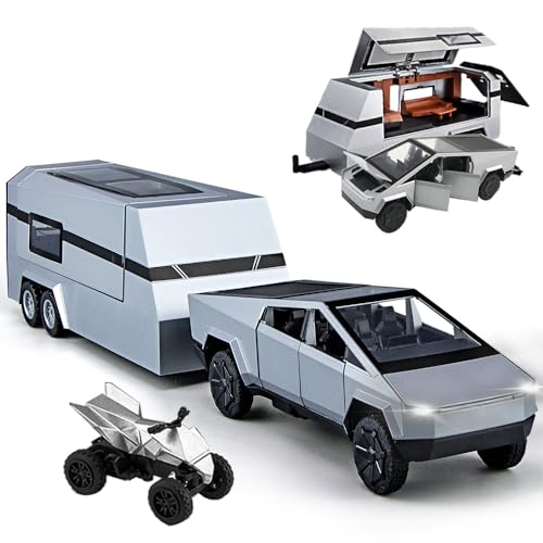 Pickup Trailer RV Model, Metal Pick-Up Truck Trailer Toy with Motorcycle, Toy Truck with Sound/Light/Pull Back/Realistic Interior Exterior,Ideal Toy Car Vehicle Gifts (1/32 Grey Pickup Trailer RV)