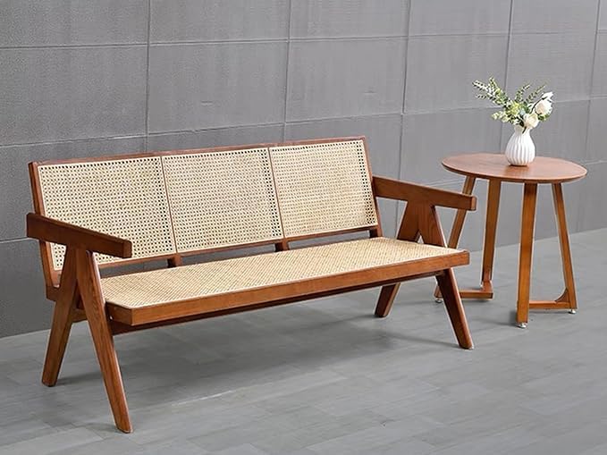 Image of Solid Wooden Brown Finish Rattan Arm Bench with Back Support Three Seater Bench for Living Room & Hall | D60 x W155 x H78 CM