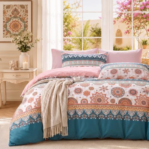 MUXHOMO Duvet Cover Full Size Floral Duvet Cover Set with Zipper Closure, Boho Flower Bedding Set, 3 Pieces, 1 Duvet Cover 80"x90" with 4 Corner Ties and 2 Pillowcases 20"x26"