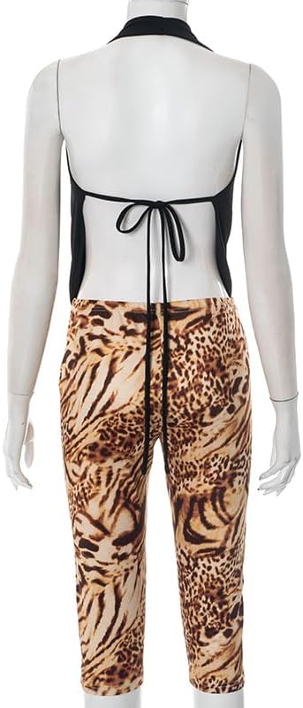 Sexy 2 Piece Outfits for Women Backless Halter Top and Leopard Capri Pants Club Sets - Image 9