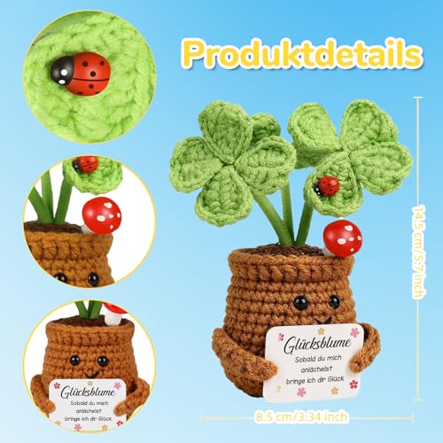 WenmthG Pocket Hug Glücksbringer Gestrickte Vierblättriges Kleeblatt Geschenk Glück für Frauen Männer Freunde Kollegen Famili, Motivation Anti Stress Geschenke Positive Kartoffel Deutsch Ersatz - 1 St