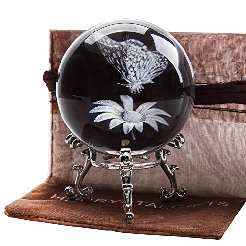 HDCRYSTALGIFTS 3D Laser Crystal Butterfly Flower Figurine Crystal Decorative Ball Paperweight with Silver-Plated Flowering Stand Glass Sphere Home Decor Gift (60mm,2.4inch) - Image 4
