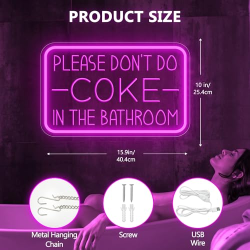 Image of Please Don't Do Coke in The Bathroom Neon Sign for Wall Decor, USB Powered LED Neon Light with Adjustable Brightness, Light Up Sign for Party Decor, Bathroom Signs Decor