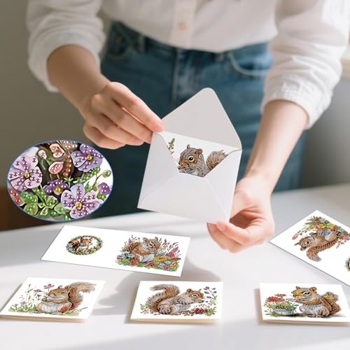 Image of AiYuanzsh 6 Pack Diamond Painting Greeting Cards with Envelopes, DIY 5D Diamond Art Card Kit Featuring Cute Squirrels, 30x15cm Handmade Rhinestone Cards Crafts for Greetings and Seasonal Wishes