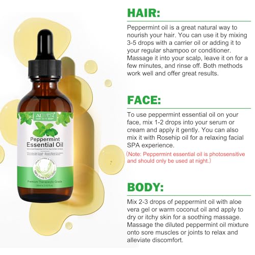 Pfefferminzöl 60ml, Minzöl Pfefferminzöl Ätherisches Öl, 100% reines, natürliches, kaltgepresstes Peppermint Oil für Haarpflege, Massage, Hautpflege, Kopfschmerzlinderung, Frisch & Belebend