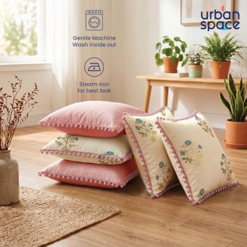 Image of Urban Space Cotton Cushion Cover Set of 5, 16 x 16 Inches, Decorative Throw Pillow Covers with Pom Pom, Printed Sofa Cushion Covers for Living Room, Home Decor (CC1, 40Cm x 40Cm, Set of 5)