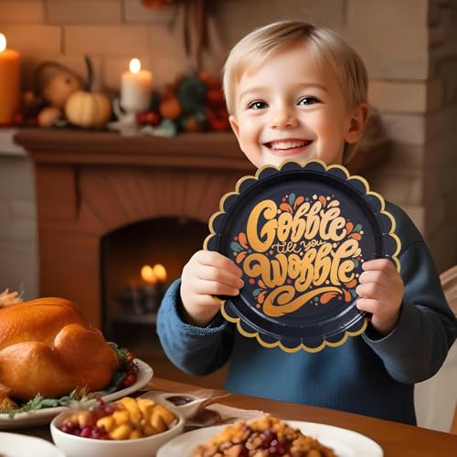 Image of Confettiville Thanksgiving Paper Plates, 50-Count Disposable Thanksgiving Dinner Plates, Scalloped, Party Supplies, Gobble Til' You Wobble