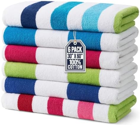 Ben Kaufman Terry Cabana Striped Towels - Oversized Towel for Beach & Pool - Soft Cotton Towels with Absorbent Design - Striped Beach & Pool Towels for Adults & Kids - 6 Pack