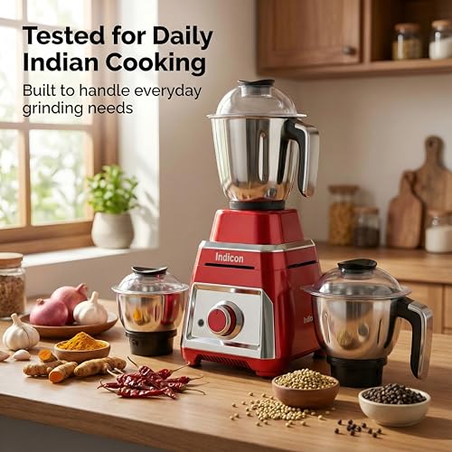 Image of indicon Thar 1HP (1000 Watts) Mixer Grinder, 3 Jars, Red | Heavy Duty Copper Motor for Grinding, Blending & Mixing | Stainless Steel Blades, Multi-Speed, Durable Kitchen Power Tool