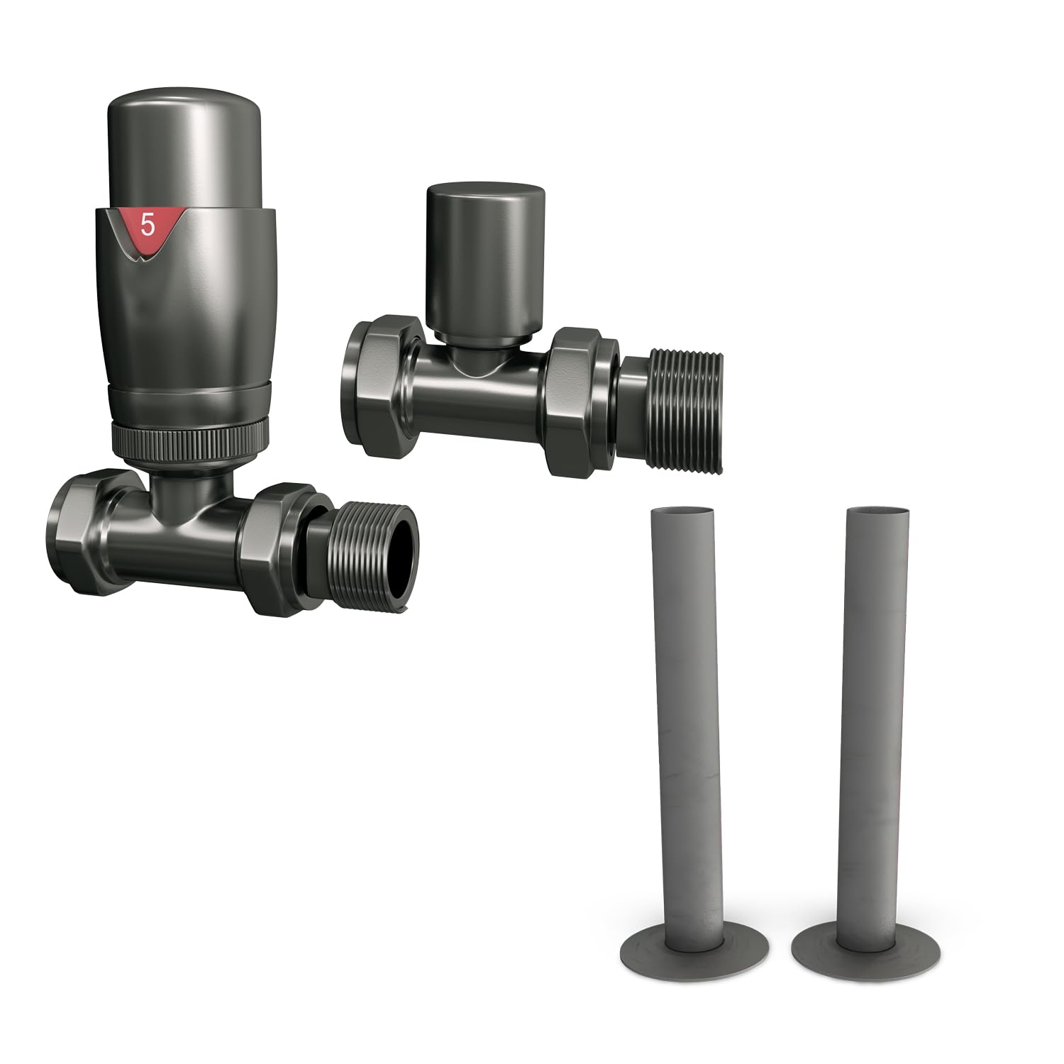 UK Radiators Thermostatic Radiator Valve + 130mm Pipe Sleeves - Energy Saving 1/2" x 15mm Brass Straight Valve - Matching Pewter Colour