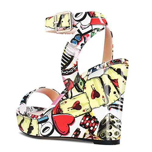 Image of Aachcol Women Platform Wedge Sandals Round Peep Open Toe Ankle Strap Slingback Two-Piece Chunky Block High Heel Dress Shoes Pumps Party Patent 4 Inch