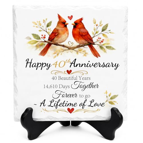 Product Image of the 40th Anniversary Couple Gifts - Ceramic Anniversary Plaque with Stand, Cardinal Birds Happy Anniversary Present, Ruby Wedding Anniversary Presents for Women Men Parents Wife Husband