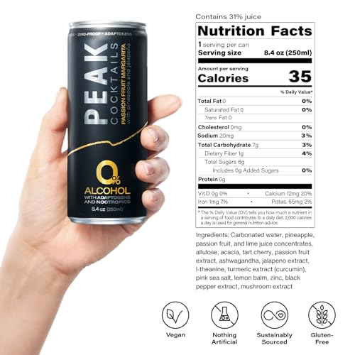 Image of Peak Cocktails Non Alcoholic Drinks, Adaptogen, Passion Fruit 48 Pack | Passion Fruit Margarita: calming ashwagandha, tart cherry, L-theanine; recovery, sleep & mood, non-alcoholic, zero proof